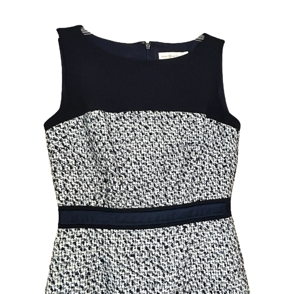 Tory Burch Lucille Tweed Dress Women's SZ‎ 2 Navy Silk Blend Sheath Work Career